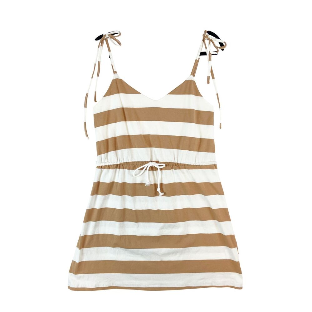 Pink Lilly Dress Women's Medium Tan White‎ Striped Tie Straps Stretch Drawstring